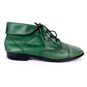 Vintage 80s Green Leather Lace Up Pixie Ankle Booties Women’s 8.5
